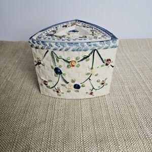 Japanese Triangular Floral Ceramic Lidded Jar Cottagecore Decor